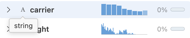 Histogram showing data for air_time is highlighted, with a tooltip displaying a range of 121.3 to 129.7 and count of 13,239 (4.0%).